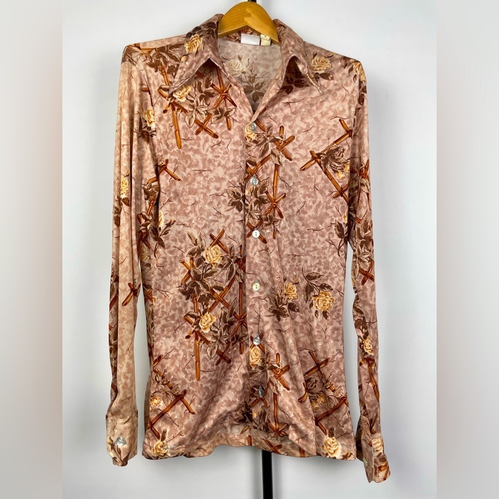 Vintage California Brown Bamboo Rose Long Sleeve Bat Wing Collared Button Up Top